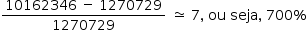 «math style=¨font-family:Tahoma¨ xmlns=¨http://www.w3.org/1998/Math/MathML¨»«mstyle mathsize=¨14px¨»«mrow»«mfrac»«mrow»«mn»10162346«/mn»«mo»§#xA0;«/mo»«mo»-«/mo»«mo»§#xA0;«/mo»«mn»1270729«/mn»«/mrow»«mn»1270729«/mn»«/mfrac»«mo»§#xA0;«/mo»«mo»§#x2243;«/mo»«mo»§#xA0;«/mo»«mn»7«/mn»«mo»,«/mo»«mo»§#xA0;«/mo»«mi»ou«/mi»«mo»§#xA0;«/mo»«mi»seja«/mi»«mo»,«/mo»«mo»§#xA0;«/mo»«mn»700«/mn»«mo»%«/mo»«/mrow»«/mstyle»«/math»