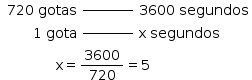 «math style=¨font-family:Tahoma¨ xmlns=¨http://www.w3.org/1998/Math/MathML¨»«mstyle mathsize=¨14px¨»«mrow»«mo»§#x000A0;«/mo»«mtable columnalign=¨right center left¨»«mtr»«mtd»«mn»720«/mn»«mo»§#x000A0;«/mo»«mi»gotas«/mi»«/mtd»«mtd»«msup»«mrow/»«mi»__________«/mi»«/msup»«/mtd»«mtd»«mn»3600«/mn»«mo»§#x000A0;«/mo»«mi»segundos«/mi»«/mtd»«/mtr»«mtr»«mtd»«mn»1«/mn»«mo»§#x000A0;«/mo»«mi»gota«/mi»«/mtd»«mtd»«msup»«mrow/»«mi»__________«/mi»«/msup»«/mtd»«mtd»«mi mathvariant=¨normal¨»x«/mi»«mo»§#x000A0;«/mo»«mi»segundos«/mi»«/mtd»«/mtr»«/mtable»«mspace linebreak=¨newline¨/»«mo»§#x000A0;«/mo»«mo»§#x000A0;«/mo»«mo»§#x000A0;«/mo»«mo»§#x000A0;«/mo»«mo»§#x000A0;«/mo»«mo»§#x000A0;«/mo»«mo»§#x000A0;«/mo»«mo»§#x000A0;«/mo»«mo»§#x000A0;«/mo»«mo»§#x000A0;«/mo»«mo»§#x000A0;«/mo»«mo»§#x000A0;«/mo»«mo»§#x000A0;«/mo»«mo»§#x000A0;«/mo»«mi mathvariant=¨normal¨»x«/mi»«mo»=«/mo»«mfrac»«mn»3600«/mn»«mn»720«/mn»«/mfrac»«mo»=«/mo»«mn»5«/mn»«/mrow»«/mstyle»«/math»