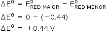 «math style=¨font-family:Tahoma¨ xmlns=¨http://www.w3.org/1998/Math/MathML¨»«mstyle mathsize=¨14px¨»«mo»§#x02206;«/mo»«msup»«mi mathvariant=¨normal¨»E«/mi»«mn»0«/mn»«/msup»«mo»§#x000A0;«/mo»«mo»=«/mo»«mo»§#x000A0;«/mo»«msubsup»«mi mathvariant=¨normal¨»E«/mi»«mrow»«mi»RED«/mi»«mo»§#x000A0;«/mo»«mi»MAI«/mi»«mi»OR«/mi»«/mrow»«mn»0«/mn»«/msubsup»«mo»§#x000A0;«/mo»«mo»-«/mo»«mo»§#x000A0;«/mo»«msubsup»«mi mathvariant=¨normal¨»E«/mi»«mrow»«mi»RED«/mi»«mo»§#x000A0;«/mo»«mi»MENOR«/mi»«/mrow»«mn»0«/mn»«/msubsup»«mspace linebreak=¨newline¨/»«mo»§#x02206;«/mo»«msup»«mi mathvariant=¨normal¨»E«/mi»«mn»0«/mn»«/msup»«mo»§#x000A0;«/mo»«mo»=«/mo»«mo»§#x000A0;«/mo»«mn»0«/mn»«mo»§#x000A0;«/mo»«mo»-«/mo»«mo»§#x000A0;«/mo»«mo»(«/mo»«mo»-«/mo»«mn»0«/mn»«mo»,«/mo»«mn»44«/mn»«mo»)«/mo»«mspace linebreak=¨newline¨/»«mo»§#x02206;«/mo»«msup»«mi mathvariant=¨normal¨»E«/mi»«mn»0«/mn»«/msup»«mo»§#x000A0;«/mo»«mo»=«/mo»«mo»§#x000A0;«/mo»«mo»+«/mo»«mn»0«/mn»«mo»,«/mo»«mn»44«/mn»«mo»§#x000A0;«/mo»«mi mathvariant=¨normal¨»V«/mi»«mspace linebreak=¨newline¨/»«/mstyle»«/math»