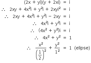 «math style=¨font-family:Tahoma¨ xmlns=¨http://www.w3.org/1998/Math/MathML¨»«mstyle indentalign=¨left¨ mathsize=¨14px¨»«mtable columnalign=¨right center left¨»«mtr»«mtd»«mo»(«/mo»«mn»2«/mn»«mi mathvariant=¨normal¨»x«/mi»«mo»§#xA0;«/mo»«mo»+«/mo»«mo»§#xA0;«/mo»«mi»yi«/mi»«mo»)«/mo»«mo»(«/mo»«mi mathvariant=¨normal¨»y«/mi»«mo»§#xA0;«/mo»«mo»+«/mo»«mo»§#xA0;«/mo»«mn»2«/mn»«mi»xi«/mi»«mo»)«/mo»«/mtd»«mtd»«mo»=«/mo»«/mtd»«mtd»«mi mathvariant=¨normal¨»i«/mi»«/mtd»«/mtr»«mtr»«mtd»«mo»§#x2234;«/mo»«mo»§#xA0;«/mo»«mo»§#xA0;«/mo»«mo»§#xA0;«/mo»«mn»2«/mn»«mi»xy«/mi»«mo»§#xA0;«/mo»«mo»+«/mo»«mo»§#xA0;«/mo»«mn»4«/mn»«msup»«mi mathvariant=¨normal¨»x«/mi»«mn»2«/mn»«/msup»«mi mathvariant=¨normal¨»i«/mi»«mo»§#xA0;«/mo»«mo»+«/mo»«mo»§#xA0;«/mo»«msup»«mi mathvariant=¨normal¨»y«/mi»«mn»2«/mn»«/msup»«mi mathvariant=¨normal¨»i«/mi»«mo»§#xA0;«/mo»«mo»+«/mo»«mo»§#xA0;«/mo»«mn»2«/mn»«msup»«mi»xyi«/mi»«mn»2«/mn»«/msup»«/mtd»«mtd»«mo»=«/mo»«/mtd»«mtd»«mi mathvariant=¨normal¨»i«/mi»«/mtd»«/mtr»«mtr»«mtd»«mo»§#x2234;«/mo»«mo»§#xA0;«/mo»«mo»§#xA0;«/mo»«mo»§#xA0;«/mo»«mn»2«/mn»«mi»xy«/mi»«mo»§#xA0;«/mo»«mo»+«/mo»«mo»§#xA0;«/mo»«mn»4«/mn»«msup»«mi mathvariant=¨normal¨»x«/mi»«mn»2«/mn»«/msup»«mi mathvariant=¨normal¨»i«/mi»«mo»§#xA0;«/mo»«mo»+«/mo»«mo»§#xA0;«/mo»«msup»«mi mathvariant=¨normal¨»y«/mi»«mn»2«/mn»«/msup»«mi mathvariant=¨normal¨»i«/mi»«mo»§#xA0;«/mo»«mo»-«/mo»«mo»§#xA0;«/mo»«mn»2«/mn»«mi»xy«/mi»«/mtd»«mtd»«mo»=«/mo»«/mtd»«mtd»«mi mathvariant=¨normal¨»i«/mi»«/mtd»«/mtr»«mtr»«mtd»«mo»§#x2234;«/mo»«mo»§#xA0;«/mo»«mo»§#xA0;«/mo»«mo»§#xA0;«/mo»«mn»4«/mn»«msup»«mi mathvariant=¨normal¨»x«/mi»«mn»2«/mn»«/msup»«mi mathvariant=¨normal¨»i«/mi»«mo»§#xA0;«/mo»«mo»+«/mo»«mo»§#xA0;«/mo»«msup»«mi mathvariant=¨normal¨»y«/mi»«mn»2«/mn»«/msup»«mi mathvariant=¨normal¨»i«/mi»«/mtd»«mtd»«mo»=«/mo»«/mtd»«mtd»«mi mathvariant=¨normal¨»i«/mi»«/mtd»«/mtr»«mtr»«mtd»«mo»§#x2234;«/mo»«mo»§#xA0;«/mo»«mo»§#xA0;«/mo»«mo»§#xA0;«/mo»«mfenced»«mrow»«mn»4«/mn»«msup»«mi mathvariant=¨normal¨»x«/mi»«mn»2«/mn»«/msup»«mo»§#xA0;«/mo»«mo»+«/mo»«mo»§#xA0;«/mo»«msup»«mi mathvariant=¨normal¨»y«/mi»«mn»2«/mn»«/msup»«/mrow»«/mfenced»«mi mathvariant=¨normal¨»i«/mi»«/mtd»«mtd»«mo»=«/mo»«/mtd»«mtd»«mi mathvariant=¨normal¨»i«/mi»«/mtd»«/mtr»«mtr»«mtd»«mo»§#x2234;«/mo»«mo»§#xA0;«/mo»«mo»§#xA0;«/mo»«mo»§#xA0;«/mo»«mn»4«/mn»«msup»«mi mathvariant=¨normal¨»x«/mi»«mn»2«/mn»«/msup»«mo»§#xA0;«/mo»«mo»+«/mo»«mo»§#xA0;«/mo»«msup»«mi mathvariant=¨normal¨»y«/mi»«mn»2«/mn»«/msup»«/mtd»«mtd»«mo»=«/mo»«/mtd»«mtd»«mn»1«/mn»«/mtd»«/mtr»«mtr»«mtd»«mo»§#x2234;«/mo»«mo»§#xA0;«/mo»«mo»§#xA0;«/mo»«mo»§#xA0;«/mo»«mfrac»«msup»«mi mathvariant=¨normal¨»x«/mi»«mn»2«/mn»«/msup»«msup»«mfenced»«mstyle displaystyle=¨true¨»«mfrac»«mn»1«/mn»«mn»2«/mn»«/mfrac»«/mstyle»«/mfenced»«mn»2«/mn»«/msup»«/mfrac»«mo»§#xA0;«/mo»«mo»+«/mo»«mo»§#xA0;«/mo»«mfrac»«msup»«mi mathvariant=¨normal¨»y«/mi»«mn»2«/mn»«/msup»«msup»«mn»1«/mn»«mn»2«/mn»«/msup»«/mfrac»«/mtd»«mtd»«mo»=«/mo»«/mtd»«mtd»«mn»1«/mn»«mo»§#xA0;«/mo»«mo»§#xA0;«/mo»«mo»(«/mo»«mi»elipse«/mi»«mo»)«/mo»«/mtd»«/mtr»«/mtable»«/mstyle»«/math»