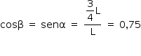 «math style=¨font-family:Tahoma¨ xmlns=¨http://www.w3.org/1998/Math/MathML¨»«mstyle mathsize=¨14px¨»«mrow»«mi»cos§#x3B2;«/mi»«mo»§#xA0;«/mo»«mo»=«/mo»«mo»§#xA0;«/mo»«mi»sen§#x3B1;«/mi»«mo»§#xA0;«/mo»«mo»=«/mo»«mo»§#xA0;«/mo»«mfrac»«mrow»«mstyle displaystyle=¨true¨»«mfrac»«mn»3«/mn»«mn»4«/mn»«/mfrac»«/mstyle»«mi mathvariant=¨normal¨»L«/mi»«/mrow»«mi mathvariant=¨normal¨»L«/mi»«/mfrac»«mo»§#xA0;«/mo»«mo»=«/mo»«mo»§#xA0;«/mo»«mn»0«/mn»«mo»,«/mo»«mn»75«/mn»«/mrow»«/mstyle»«/math»