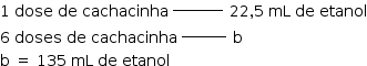 «math style=¨font-family:Tahoma¨ xmlns=¨http://www.w3.org/1998/Math/MathML¨»«mstyle mathsize=¨14px¨»«mn»1«/mn»«mo»§#xA0;«/mo»«mi»dose«/mi»«mo»§#xA0;«/mo»«mi»de«/mi»«mo»§#xA0;«/mo»«mi»cachacinha«/mi»«msup»«mo»§#xA0;«/mo»«mi»_________«/mi»«/msup»«mmultiscripts»«mn»22«/mn»«mprescripts/»«none/»«mrow/»«/mmultiscripts»«mo»,«/mo»«mn»5«/mn»«mo»§#xA0;«/mo»«mi»mL«/mi»«mo»§#xA0;«/mo»«mi»de«/mi»«mo»§#xA0;«/mo»«mi»etanol«/mi»«mspace linebreak=¨newline¨/»«mn»6«/mn»«mo»§#xA0;«/mo»«mi»doses«/mi»«mo»§#xA0;«/mo»«mi»de«/mi»«mo»§#xA0;«/mo»«mi»cachacinha«/mi»«msup»«mo»§#xA0;«/mo»«mi»________«/mi»«/msup»«mmultiscripts»«mi mathvariant=¨normal¨»b«/mi»«mprescripts/»«none/»«mrow/»«/mmultiscripts»«mspace linebreak=¨newline¨/»«mi mathvariant=¨normal¨»b«/mi»«mo»§#xA0;«/mo»«mo»=«/mo»«mo»§#xA0;«/mo»«mn»135«/mn»«mo»§#xA0;«/mo»«mi»mL«/mi»«mo»§#xA0;«/mo»«mi»de«/mi»«mo»§#xA0;«/mo»«mi»etanol«/mi»«/mstyle»«/math»