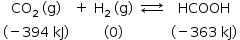 «math style=¨font-family:Tahoma¨ xmlns=¨http://www.w3.org/1998/Math/MathML¨»«mstyle mathsize=¨14px¨»«mtable»«mtr»«mtd»«msub»«mi»CO«/mi»«mn»2«/mn»«/msub»«mo»§#xA0;«/mo»«mo»(«/mo»«mi mathvariant=¨normal¨»g«/mi»«mo»)«/mo»«/mtd»«mtd»«mo»+«/mo»«/mtd»«mtd»«msub»«mi mathvariant=¨normal¨»H«/mi»«mn»2«/mn»«/msub»«mo»§#xA0;«/mo»«mo»(«/mo»«mi mathvariant=¨normal¨»g«/mi»«mo»)«/mo»«/mtd»«mtd»«mover»«mo»§#x21C4;«/mo»«mrow/»«/mover»«/mtd»«mtd»«mi»HCOOH«/mi»«/mtd»«/mtr»«mtr»«mtd»«mo»(«/mo»«mo»-«/mo»«mn»394«/mn»«mo»§#xA0;«/mo»«mi»kJ«/mi»«mo»)«/mo»«/mtd»«mtd/»«mtd»«mo»(«/mo»«mn»0«/mn»«mo»)«/mo»«/mtd»«mtd/»«mtd»«mo»(«/mo»«mo»-«/mo»«mn»363«/mn»«mo»§#xA0;«/mo»«mi»kJ«/mi»«mo»)«/mo»«/mtd»«/mtr»«/mtable»«/mstyle»«/math»