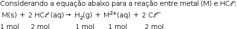 «math style=¨font-family:Tahoma¨ xmlns=¨http://www.w3.org/1998/Math/MathML¨»«mstyle mathsize=¨14px¨»«mrow»«mi»Considerando«/mi»«mo»§#x000A0;«/mo»«mi mathvariant=¨normal¨»a«/mi»«mo»§#x000A0;«/mo»«mi»equa§#x000E7;§#x000E3;o«/mi»«mo»§#x000A0;«/mo»«mi»abaixo«/mi»«mo»§#x000A0;«/mo»«mi»para«/mi»«mo»§#x000A0;«/mo»«mi mathvariant=¨normal¨»a«/mi»«mo»§#x000A0;«/mo»«mi»rea§#x000E7;§#x000E3;o«/mi»«mo»§#x000A0;«/mo»«mi»entre«/mi»«mo»§#x000A0;«/mo»«mi»metal«/mi»«mo»§#x000A0;«/mo»«mo»(«/mo»«mi mathvariant=¨normal¨»M«/mi»«mo»)«/mo»«mo»§#x000A0;«/mo»«mi mathvariant=¨normal¨»e«/mi»«mo»§#x000A0;«/mo»«mi»HC«/mi»«mi mathvariant=¨script¨»l«/mi»«mo»:«/mo»«mspace linebreak=¨newline¨/»«mo»§#x000A0;«/mo»«mi mathvariant=¨normal¨»M«/mi»«mo»(«/mo»«mi mathvariant=¨normal¨»s«/mi»«mo»)«/mo»«mo»§#x000A0;«/mo»«mo»+«/mo»«mo»§#x000A0;«/mo»«mn»2«/mn»«mo»§#x000A0;«/mo»«mi»HC«/mi»«mi mathvariant=¨script¨»l«/mi»«mo»§#x000A0;«/mo»«mo»(«/mo»«mi»aq«/mi»«mo»)«/mo»«mo»§#x02192;«/mo»«mo»§#x000A0;«/mo»«msub»«mi mathvariant=¨normal¨»H«/mi»«mn»2«/mn»«/msub»«mo»(«/mo»«mi mathvariant=¨normal¨»g«/mi»«mo»)«/mo»«mo»§#x000A0;«/mo»«mo»+«/mo»«mo»§#x000A0;«/mo»«msup»«mi mathvariant=¨normal¨»M«/mi»«mrow»«mn»2«/mn»«mo»+«/mo»«/mrow»«/msup»«mo»(«/mo»«mi»aq«/mi»«mo»)«/mo»«mo»§#x000A0;«/mo»«mo»+«/mo»«mo»§#x000A0;«/mo»«mn»2«/mn»«mo»§#x000A0;«/mo»«mi mathvariant=¨normal¨»C«/mi»«msup»«mi mathvariant=¨script¨»l«/mi»«mo»-«/mo»«/msup»«mspace linebreak=¨newline¨/»«mn»1«/mn»«mo»§#x000A0;«/mo»«mi»mol«/mi»«mo»§#x000A0;«/mo»«mo»§#x000A0;«/mo»«mo»§#x000A0;«/mo»«mo»§#x000A0;«/mo»«mo»§#x000A0;«/mo»«mo»§#x000A0;«/mo»«mn»2«/mn»«mo»§#x000A0;«/mo»«mi»mol«/mi»«mo»§#x000A0;«/mo»«mo»§#x000A0;«/mo»«mo»§#x000A0;«/mo»«mo»§#x000A0;«/mo»«mo»§#x000A0;«/mo»«mo»§#x000A0;«/mo»«mo»§#x000A0;«/mo»«mo»§#x000A0;«/mo»«mo»§#x000A0;«/mo»«mo»§#x000A0;«/mo»«mo»§#x000A0;«/mo»«mo»§#x000A0;«/mo»«mo»§#x000A0;«/mo»«mn»1«/mn»«mo»§#x000A0;«/mo»«mi»mol«/mi»«mo»§#x000A0;«/mo»«mo»§#x000A0;«/mo»«mo»§#x000A0;«/mo»«mo»§#x000A0;«/mo»«mo»§#x000A0;«/mo»«mo»§#x000A0;«/mo»«mo»§#x000A0;«/mo»«mn»1«/mn»«mo»§#x000A0;«/mo»«mi»mol«/mi»«mo»§#x000A0;«/mo»«mo»§#x000A0;«/mo»«mo»§#x000A0;«/mo»«mo»§#x000A0;«/mo»«mo»§#x000A0;«/mo»«mo»§#x000A0;«/mo»«mo»§#x000A0;«/mo»«mo»§#x000A0;«/mo»«mo»§#x000A0;«/mo»«mn»2«/mn»«mo»§#x000A0;«/mo»«mi»mol«/mi»«/mrow»«/mstyle»«/math»