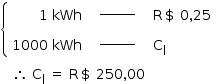 «math style=¨font-family:Tahoma¨ xmlns=¨http://www.w3.org/1998/Math/MathML¨»«mfenced open=¨{¨ close=¨¨»«mtable columnalign=¨right left left¨»«mtr»«mtd»«mn mathsize=¨14px¨»1«/mn»«mo mathsize=¨14px¨»§#xA0;«/mo»«mi mathsize=¨14px¨»kWh«/mi»«/mtd»«mtd»«msup»«maction actiontype=¨argument¨»«mrow/»«/maction»«mi mathsize=¨14px¨»_____«/mi»«/msup»«maction actiontype=¨argument¨»«mrow/»«/maction»«/mtd»«mtd»«mi mathvariant=¨normal¨ mathsize=¨14px¨»R«/mi»«mo mathsize=¨14px¨»$«/mo»«mo mathsize=¨14px¨»§#xA0;«/mo»«mn mathsize=¨14px¨»0«/mn»«mo mathsize=¨14px¨»,«/mo»«mn mathsize=¨14px¨»25«/mn»«/mtd»«/mtr»«mtr»«mtd»«mn mathsize=¨14px¨»1000«/mn»«mo mathsize=¨14px¨»§#xA0;«/mo»«mi mathsize=¨14px¨»kWh«/mi»«/mtd»«mtd»«msup»«maction actiontype=¨argument¨»«mrow/»«/maction»«mi mathsize=¨14px¨»_____«/mi»«/msup»«maction actiontype=¨argument¨»«mrow/»«/maction»«/mtd»«mtd»«msub»«mi mathvariant=¨normal¨ mathsize=¨14px¨»C«/mi»«mi mathvariant=¨normal¨ mathsize=¨14px¨»I«/mi»«/msub»«/mtd»«/mtr»«/mtable»«/mfenced»«mspace linebreak=¨newline¨/»«mo mathsize=¨14px¨»§#xA0;«/mo»«mo mathsize=¨14px¨»§#xA0;«/mo»«mo mathsize=¨14px¨»§#xA0;«/mo»«mo mathsize=¨14px¨»§#x2234;«/mo»«mo mathsize=¨14px¨»§#xA0;«/mo»«msub»«mi mathvariant=¨normal¨ mathsize=¨14px¨»C«/mi»«mi mathvariant=¨normal¨ mathsize=¨14px¨»I«/mi»«/msub»«mo mathsize=¨14px¨»§#xA0;«/mo»«mo mathsize=¨14px¨»=«/mo»«mo mathsize=¨14px¨»§#xA0;«/mo»«mi mathvariant=¨normal¨ mathsize=¨14px¨»R«/mi»«mo mathsize=¨14px¨»$«/mo»«mo mathsize=¨14px¨»§#xA0;«/mo»«mn mathsize=¨14px¨»250«/mn»«mo mathsize=¨14px¨»,«/mo»«mn mathsize=¨14px¨»00«/mn»«/math»