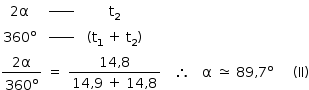«math style=¨font-family:Tahoma¨ xmlns=¨http://www.w3.org/1998/Math/MathML¨»«mstyle mathsize=¨14px¨»«mtable»«mtr»«mtd»«mn»2«/mn»«mi mathvariant=¨normal¨»§#x003B1;«/mi»«/mtd»«mtd»«msup»«maction actiontype=¨argument¨»«mrow/»«/maction»«mi»_____«/mi»«/msup»«maction actiontype=¨argument¨»«mrow/»«/maction»«/mtd»«mtd»«msub»«mi mathvariant=¨normal¨»t«/mi»«mn»2«/mn»«/msub»«/mtd»«/mtr»«mtr»«mtd»«msup»«mn»360«/mn»«mi mathvariant=¨normal¨»o«/mi»«/msup»«/mtd»«mtd»«msup»«maction actiontype=¨argument¨»«mrow/»«/maction»«mi»_____«/mi»«/msup»«maction actiontype=¨argument¨»«mrow/»«/maction»«/mtd»«mtd»«mo»(«/mo»«msub»«mi mathvariant=¨normal¨»t«/mi»«mn»1«/mn»«/msub»«mo»§#x000A0;«/mo»«mo»+«/mo»«mo»§#x000A0;«/mo»«msub»«mi mathvariant=¨normal¨»t«/mi»«mn»2«/mn»«/msub»«mo»)«/mo»«/mtd»«/mtr»«/mtable»«mspace linebreak=¨newline¨/»«mfrac»«mrow»«mn»2«/mn»«mi mathvariant=¨normal¨»§#x003B1;«/mi»«/mrow»«msup»«mn»360«/mn»«mi mathvariant=¨normal¨»o«/mi»«/msup»«/mfrac»«mo»§#x000A0;«/mo»«mo»=«/mo»«mo»§#x000A0;«/mo»«mfrac»«mrow»«mn»14«/mn»«mo»,«/mo»«mn»8«/mn»«/mrow»«mrow»«mn»14«/mn»«mo»,«/mo»«mn»9«/mn»«mo»§#x000A0;«/mo»«mo»+«/mo»«mo»§#x000A0;«/mo»«mn»14«/mn»«mo»,«/mo»«mn»8«/mn»«/mrow»«/mfrac»«mo»§#x000A0;«/mo»«mo»§#x000A0;«/mo»«mo»§#x000A0;«/mo»«mo»§#x02234;«/mo»«mo»§#x000A0;«/mo»«mo»§#x000A0;«/mo»«mo»§#x000A0;«/mo»«mi mathvariant=¨normal¨»§#x003B1;«/mi»«mo»§#x000A0;«/mo»«mo»§#x02243;«/mo»«mo»§#x000A0;«/mo»«mn»89«/mn»«mo»,«/mo»«msup»«mn»7«/mn»«mi mathvariant=¨normal¨»o«/mi»«/msup»«mo»§#x000A0;«/mo»«mo»§#x000A0;«/mo»«mo»§#x000A0;«/mo»«mo»§#x000A0;«/mo»«mo»§#x000A0;«/mo»«mo»(«/mo»«mi»II«/mi»«mo»)«/mo»«/mstyle»«/math»