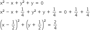 «math style=¨font-family:Tahoma¨ xmlns=¨http://www.w3.org/1998/Math/MathML¨»«mstyle mathsize=¨14px¨»«mrow»«msup»«mi mathvariant=¨normal¨»x«/mi»«mn»2«/mn»«/msup»«mo»§#xA0;«/mo»«mo»-«/mo»«mo»§#xA0;«/mo»«mi mathvariant=¨normal¨»x«/mi»«mo»§#xA0;«/mo»«mo»+«/mo»«mo»§#xA0;«/mo»«msup»«mi mathvariant=¨normal¨»y«/mi»«mn»2«/mn»«/msup»«mo»§#xA0;«/mo»«mo»+«/mo»«mo»§#xA0;«/mo»«mi mathvariant=¨normal¨»y«/mi»«mo»§#xA0;«/mo»«mo»=«/mo»«mo»§#xA0;«/mo»«mn»0«/mn»«mspace linebreak=¨newline¨/»«msup»«mi mathvariant=¨normal¨»x«/mi»«mn»2«/mn»«/msup»«mo»§#xA0;«/mo»«mo»-«/mo»«mo»§#xA0;«/mo»«mi mathvariant=¨normal¨»x«/mi»«mo»§#xA0;«/mo»«mo»+«/mo»«mo»§#xA0;«/mo»«mfrac»«mn»1«/mn»«mn»4«/mn»«/mfrac»«mo»§#xA0;«/mo»«mo»+«/mo»«mo»§#xA0;«/mo»«msup»«mi mathvariant=¨normal¨»y«/mi»«mn»2«/mn»«/msup»«mo»§#xA0;«/mo»«mo»+«/mo»«mo»§#xA0;«/mo»«mi mathvariant=¨normal¨»y«/mi»«mo»§#xA0;«/mo»«mo»+«/mo»«mo»§#xA0;«/mo»«mfrac»«mn»1«/mn»«mn»4«/mn»«/mfrac»«mo»§#xA0;«/mo»«mo»=«/mo»«mo»§#xA0;«/mo»«mn»0«/mn»«mo»§#xA0;«/mo»«mo»+«/mo»«mo»§#xA0;«/mo»«mfrac»«mn»1«/mn»«mn»4«/mn»«/mfrac»«mo»§#xA0;«/mo»«mo»+«/mo»«mo»§#xA0;«/mo»«mfrac»«mn»1«/mn»«mn»4«/mn»«/mfrac»«mspace linebreak=¨newline¨/»«msup»«mfenced»«mrow»«mi mathvariant=¨normal¨»x«/mi»«mo»§#xA0;«/mo»«mo»-«/mo»«mo»§#xA0;«/mo»«mfrac»«mn»1«/mn»«mn»2«/mn»«/mfrac»«/mrow»«/mfenced»«mn»2«/mn»«/msup»«mo»§#xA0;«/mo»«mo»+«/mo»«mo»§#xA0;«/mo»«msup»«mfenced»«mrow»«mi mathvariant=¨normal¨»y«/mi»«mo»§#xA0;«/mo»«mo»+«/mo»«mo»§#xA0;«/mo»«mfrac»«mn»1«/mn»«mn»2«/mn»«/mfrac»«/mrow»«/mfenced»«mn»2«/mn»«/msup»«mo»§#xA0;«/mo»«mo»=«/mo»«mo»§#xA0;«/mo»«mfrac»«mn»2«/mn»«mn»4«/mn»«/mfrac»«/mrow»«/mstyle»«/math»