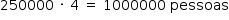 «math style=¨font-family:Tahoma¨ xmlns=¨http://www.w3.org/1998/Math/MathML¨»«mstyle mathsize=¨14px¨»«mrow»«mn»250000«/mn»«mo»§#xA0;«/mo»«mo»§#xB7;«/mo»«mo»§#xA0;«/mo»«mn»4«/mn»«mo»§#xA0;«/mo»«mo»=«/mo»«mo»§#xA0;«/mo»«mn»1000000«/mn»«mo»§#xA0;«/mo»«mi»pessoas«/mi»«/mrow»«/mstyle»«/math»
