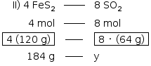 «math style=¨font-family:Tahoma¨ xmlns=¨http://www.w3.org/1998/Math/MathML¨»«mstyle mathsize=¨14px¨»«mtable columnalign=¨right center left¨»«mtr»«mtd»«mi»II«/mi»«mo»)«/mo»«mo»§#xA0;«/mo»«mn»4«/mn»«mo»§#xA0;«/mo»«msub»«mi»FeS«/mi»«mn»2«/mn»«/msub»«/mtd»«mtd»«msup»«maction actiontype=¨argument¨»«mrow/»«/maction»«mi»______«/mi»«/msup»«maction actiontype=¨argument¨»«mrow/»«/maction»«/mtd»«mtd»«mn»8«/mn»«mo»§#xA0;«/mo»«msub»«mi»SO«/mi»«mn»2«/mn»«/msub»«/mtd»«/mtr»«mtr»«mtd»«mn»4«/mn»«mo»§#xA0;«/mo»«mi»mol«/mi»«/mtd»«mtd»«msup»«maction actiontype=¨argument¨»«mrow/»«/maction»«mi»______«/mi»«/msup»«maction actiontype=¨argument¨»«mrow/»«/maction»«/mtd»«mtd»«mn»8«/mn»«mo»§#xA0;«/mo»«mi»mol«/mi»«/mtd»«/mtr»«mtr»«mtd»«menclose notation=¨box¨»«mo»§#xA0;«/mo»«mn»4«/mn»«mo»§#xA0;«/mo»«mo»(«/mo»«mn»120«/mn»«mo»§#xA0;«/mo»«mi mathvariant=¨normal¨»g«/mi»«mo»)«/mo»«mo»§#xA0;«/mo»«/menclose»«/mtd»«mtd»«msup»«maction actiontype=¨argument¨»«mrow/»«/maction»«mi»_____«/mi»«/msup»«maction actiontype=¨argument¨»«mrow/»«/maction»«/mtd»«mtd»«menclose notation=¨box¨»«mo»§#xA0;«/mo»«mn»8«/mn»«mo»§#xA0;«/mo»«mo»§#xB7;«/mo»«mo»§#xA0;«/mo»«mo»(«/mo»«mn»64«/mn»«mo»§#xA0;«/mo»«mi mathvariant=¨normal¨»g«/mi»«mo»)«/mo»«mo»§#xA0;«/mo»«/menclose»«/mtd»«/mtr»«mtr»«mtd»«mn»184«/mn»«mo»§#xA0;«/mo»«mi mathvariant=¨normal¨»g«/mi»«/mtd»«mtd»«msup»«maction actiontype=¨argument¨»«mrow/»«/maction»«mi»_____«/mi»«/msup»«maction actiontype=¨argument¨»«mrow/»«/maction»«/mtd»«mtd»«mi mathvariant=¨normal¨»y«/mi»«/mtd»«/mtr»«/mtable»«/mstyle»«/math»