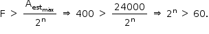 «math style=¨font-family:Tahoma¨ xmlns=¨http://www.w3.org/1998/Math/MathML¨»«mstyle mathsize=¨14px¨»«mrow»«mi mathvariant=¨normal¨»F«/mi»«mo»§#xA0;«/mo»«mo»§gt;«/mo»«mo»§#xA0;«/mo»«mfrac»«msub»«mi mathvariant=¨normal¨»A«/mi»«msub»«mi»est«/mi»«mi»m§#xE1;x«/mi»«/msub»«/msub»«msup»«mn»2«/mn»«mi mathvariant=¨normal¨»n«/mi»«/msup»«/mfrac»«mo»§#xA0;«/mo»«mo»§#x21D2;«/mo»«mo»§#xA0;«/mo»«mn»400«/mn»«mo»§#xA0;«/mo»«mo»§gt;«/mo»«mo»§#xA0;«/mo»«mfrac»«mn»24000«/mn»«msup»«mn»2«/mn»«mi mathvariant=¨normal¨»n«/mi»«/msup»«/mfrac»«mo»§#xA0;«/mo»«mo»§#x21D2;«/mo»«mo»§#xA0;«/mo»«msup»«mn»2«/mn»«mi mathvariant=¨normal¨»n«/mi»«/msup»«mo»§#xA0;«/mo»«mo»§gt;«/mo»«mo»§#xA0;«/mo»«mn»60«/mn»«mo».«/mo»«/mrow»«/mstyle»«/math»