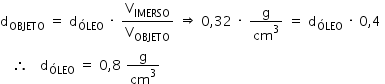 «math xmlns=¨http://www.w3.org/1998/Math/MathML¨»«mstyle mathsize=¨14px¨»«mrow»«msub»«mi mathvariant=¨normal¨»d«/mi»«mi»OBJETO«/mi»«/msub»«mo»§#x000A0;«/mo»«mo»=«/mo»«mo»§#x000A0;«/mo»«msub»«mi mathvariant=¨normal¨»d«/mi»«mi»§#x000D3;LEO«/mi»«/msub»«mo»§#x000A0;«/mo»«mo»§#x000B7;«/mo»«mo»§#x000A0;«/mo»«mfrac»«msub»«mi mathvariant=¨normal¨»V«/mi»«mi»IMERSO«/mi»«/msub»«msub»«mi mathvariant=¨normal¨»V«/mi»«mi»OBJETO«/mi»«/msub»«/mfrac»«mo»§#x000A0;«/mo»«mo»§#x021D2;«/mo»«mo»§#x000A0;«/mo»«mn»0«/mn»«mo»,«/mo»«mn»32«/mn»«mo»§#x000A0;«/mo»«mo»§#x000B7;«/mo»«mo»§#x000A0;«/mo»«mfrac»«mi mathvariant=¨normal¨»g«/mi»«msup»«mi»cm«/mi»«mn»3«/mn»«/msup»«/mfrac»«mo»§#x000A0;«/mo»«mo»=«/mo»«mo»§#x000A0;«/mo»«msub»«mi mathvariant=¨normal¨»d«/mi»«mi»§#x000D3;LEO«/mi»«/msub»«mo»§#x000A0;«/mo»«mo»§#x000B7;«/mo»«mo»§#x000A0;«/mo»«mn»0«/mn»«mo»,«/mo»«mn»4«/mn»«mo»§#x000A0;«/mo»«mspace linebreak=¨newline¨/»«mo»§#x000A0;«/mo»«mo»§#x000A0;«/mo»«mo»§#x000A0;«/mo»«mo»§#x02234;«/mo»«mo»§#x000A0;«/mo»«mo»§#x000A0;«/mo»«mo»§#x000A0;«/mo»«msub»«mi mathvariant=¨normal¨»d«/mi»«mi»§#x000D3;LEO«/mi»«/msub»«mo»§#x000A0;«/mo»«mo»=«/mo»«mo»§#x000A0;«/mo»«mn»0«/mn»«mo»,«/mo»«mn»8«/mn»«mo»§#x000A0;«/mo»«mfrac»«mi mathvariant=¨normal¨»g«/mi»«msup»«mi»cm«/mi»«mn»3«/mn»«/msup»«/mfrac»«/mrow»«/mstyle»«/math»