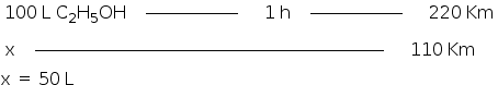 «math style=¨font-family:Tahoma¨ xmlns=¨http://www.w3.org/1998/Math/MathML¨»«mtable»«mtr»«mtd»«mn»100«/mn»«mo»§#x000A0;«/mo»«mi mathvariant=¨normal¨»L«/mi»«mo»§#x000A0;«/mo»«msub»«mi mathvariant=¨normal¨»C«/mi»«mn»2«/mn»«/msub»«msub»«mi mathvariant=¨normal¨»H«/mi»«mn»5«/mn»«/msub»«mi»OH«/mi»«/mtd»«mtd»«msup»«maction actiontype=¨argument¨»«mrow/»«/maction»«mi»______________«/mi»«/msup»«mmultiscripts»«maction actiontype=¨argument¨»«mrow/»«/maction»«mprescripts/»«none/»«mrow/»«/mmultiscripts»«/mtd»«mtd»«mn»1«/mn»«mo»§#x000A0;«/mo»«mi mathvariant=¨normal¨»h«/mi»«/mtd»«mtd»«msup»«maction actiontype=¨argument¨»«mrow/»«/maction»«mi»______________«/mi»«/msup»«mmultiscripts»«maction actiontype=¨argument¨»«mrow/»«/maction»«mprescripts/»«none/»«mrow/»«/mmultiscripts»«/mtd»«mtd»«mn»220«/mn»«mo»§#x000A0;«/mo»«mi»Km«/mi»«/mtd»«/mtr»«/mtable»«mspace linebreak=¨newline¨/»«mtable»«mtr»«mtd»«mi mathvariant=¨normal¨»x«/mi»«/mtd»«mtd»«msup»«maction actiontype=¨argument¨»«mrow/»«/maction»«mi»_____________________________________________________«/mi»«/msup»«mmultiscripts»«maction actiontype=¨argument¨»«mrow/»«/maction»«mprescripts/»«none/»«mrow/»«/mmultiscripts»«/mtd»«mtd»«mn»110«/mn»«mo»§#x000A0;«/mo»«mi»Km«/mi»«/mtd»«/mtr»«/mtable»«mspace linebreak=¨newline¨/»«mi mathvariant=¨normal¨»x«/mi»«mo»§#x000A0;«/mo»«mo»=«/mo»«mo»§#x000A0;«/mo»«mn»50«/mn»«mo»§#x000A0;«/mo»«mi mathvariant=¨normal¨»L«/mi»«/math»