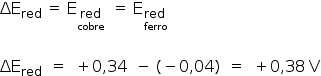 «math style=¨font-family:Tahoma¨ xmlns=¨http://www.w3.org/1998/Math/MathML¨»«msub»«mi»§#916;E«/mi»«mi»red«/mi»«/msub»«mo»§#160;«/mo»«mo»=«/mo»«mo»§#160;«/mo»«msub»«mi mathvariant=¨normal¨»E«/mi»«munder»«mi»red«/mi»«mi»cobre«/mi»«/munder»«/msub»«mo»§#160;«/mo»«mo»§#160;«/mo»«mo»=«/mo»«mo»§#160;«/mo»«msub»«mi mathvariant=¨normal¨»E«/mi»«munder»«mi»red«/mi»«mi»ferro«/mi»«/munder»«/msub»«mspace linebreak=¨newline¨/»«mspace linebreak=¨newline¨/»«msub»«mi»§#916;E«/mi»«mi»red«/mi»«/msub»«mo»§#160;«/mo»«mo»§#160;«/mo»«mo»=«/mo»«mo»§#160;«/mo»«mo»§#160;«/mo»«mo»+«/mo»«mn»0«/mn»«mo»,«/mo»«mn»34«/mn»«mo»§#160;«/mo»«mo»§#160;«/mo»«mo»-«/mo»«mo»§#160;«/mo»«mo»(«/mo»«mo»-«/mo»«mn»0«/mn»«mo»,«/mo»«mn»04«/mn»«mo»)«/mo»«mo»§#160;«/mo»«mo»§#160;«/mo»«mo»=«/mo»«mo»§#160;«/mo»«mo»§#160;«/mo»«mo»+«/mo»«mn»0«/mn»«mo»,«/mo»«mn»38«/mn»«mo»§#160;«/mo»«mi mathvariant=¨normal¨»V«/mi»«/math»