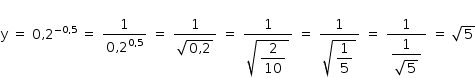 «math style=¨font-family:Tahoma¨ xmlns=¨http://www.w3.org/1998/Math/MathML¨»«mstyle mathsize=¨14px¨»«mi mathvariant=¨normal¨»y«/mi»«mo»§#x000A0;«/mo»«mo»=«/mo»«mo»§#x000A0;«/mo»«mn»0«/mn»«mo»,«/mo»«msup»«mn»2«/mn»«mrow»«mo»-«/mo»«mn»0«/mn»«mo»,«/mo»«mn»5«/mn»«/mrow»«/msup»«mo»§#x000A0;«/mo»«mo»=«/mo»«mo»§#x000A0;«/mo»«mfrac»«mn»1«/mn»«mrow»«mn»0«/mn»«mo»,«/mo»«msup»«mn»2«/mn»«mrow»«mn»0«/mn»«mo»,«/mo»«mn»5«/mn»«/mrow»«/msup»«/mrow»«/mfrac»«mo»§#x000A0;«/mo»«mo»=«/mo»«mo»§#x000A0;«/mo»«mfrac»«mn»1«/mn»«msqrt»«mn»0«/mn»«mo»,«/mo»«mn»2«/mn»«/msqrt»«/mfrac»«mo»§#x000A0;«/mo»«mo»=«/mo»«mo»§#x000A0;«/mo»«mfrac»«mn»1«/mn»«msqrt»«mstyle displaystyle=¨true¨»«mfrac»«mn»2«/mn»«mn»10«/mn»«/mfrac»«/mstyle»«/msqrt»«/mfrac»«mo»§#x000A0;«/mo»«mo»=«/mo»«mo»§#x000A0;«/mo»«mfrac»«mn»1«/mn»«msqrt»«mstyle displaystyle=¨true¨»«mfrac»«mn»1«/mn»«mn»5«/mn»«/mfrac»«/mstyle»«/msqrt»«/mfrac»«mo»§#x000A0;«/mo»«mo»=«/mo»«mo»§#x000A0;«/mo»«mfrac»«mn»1«/mn»«mstyle displaystyle=¨true¨»«mfrac»«mn»1«/mn»«msqrt»«mn»5«/mn»«/msqrt»«/mfrac»«/mstyle»«/mfrac»«mo»§#x000A0;«/mo»«mo»=«/mo»«mo»§#x000A0;«/mo»«msqrt»«mn»5«/mn»«/msqrt»«/mstyle»«/math»