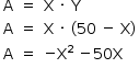 «math style=¨font-family:Tahoma¨ xmlns=¨http://www.w3.org/1998/Math/MathML¨»«mstyle mathsize=¨14px¨»«mtable columnalign=¨center center left¨»«mtr»«mtd»«mi mathvariant=¨normal¨»A«/mi»«/mtd»«mtd»«mo»=«/mo»«/mtd»«mtd»«mi mathvariant=¨normal¨»X«/mi»«mo»§#xA0;«/mo»«mo»§#xB7;«/mo»«mo»§#xA0;«/mo»«mi mathvariant=¨normal¨»Y«/mi»«/mtd»«/mtr»«mtr»«mtd»«mi mathvariant=¨normal¨»A«/mi»«/mtd»«mtd»«mo»=«/mo»«/mtd»«mtd»«mi mathvariant=¨normal¨»X«/mi»«mo»§#xA0;«/mo»«mo»§#xB7;«/mo»«mo»§#xA0;«/mo»«mo»(«/mo»«mn»50«/mn»«mo»§#xA0;«/mo»«mo»-«/mo»«mo»§#xA0;«/mo»«mi mathvariant=¨normal¨»X«/mi»«mo»)«/mo»«/mtd»«/mtr»«mtr»«mtd»«mi mathvariant=¨normal¨»A«/mi»«/mtd»«mtd»«mo»=«/mo»«/mtd»«mtd»«mo»-«/mo»«msup»«mi mathvariant=¨normal¨»X«/mi»«mn»2«/mn»«/msup»«mo»§#xA0;«/mo»«mo»-«/mo»«mn»50«/mn»«mi mathvariant=¨normal¨»X«/mi»«/mtd»«/mtr»«/mtable»«/mstyle»«/math»