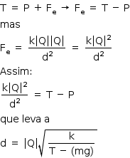 «math style=¨font-family:Tahoma¨ xmlns=¨http://www.w3.org/1998/Math/MathML¨»«mstyle mathsize=¨14px¨»«mi mathvariant=¨normal¨»T«/mi»«mo»§#xA0;«/mo»«mo»=«/mo»«mo»§#xA0;«/mo»«mi mathvariant=¨normal¨»P«/mi»«mo»§#xA0;«/mo»«mo»+«/mo»«mo»§#xA0;«/mo»«msub»«mi mathvariant=¨normal¨»F«/mi»«mi mathvariant=¨normal¨»e«/mi»«/msub»«mo»§#xA0;«/mo»«mo»§#x2192;«/mo»«mo»§#xA0;«/mo»«msub»«mi mathvariant=¨normal¨»F«/mi»«mi mathvariant=¨normal¨»e«/mi»«/msub»«mo»§#xA0;«/mo»«mo»=«/mo»«mo»§#xA0;«/mo»«mi mathvariant=¨normal¨»T«/mi»«mo»§#xA0;«/mo»«mo»-«/mo»«mo»§#xA0;«/mo»«mi mathvariant=¨normal¨»P«/mi»«mspace linebreak=¨newline¨/»«mi»mas«/mi»«mspace linebreak=¨newline¨/»«msub»«mi mathvariant=¨normal¨»F«/mi»«mi mathvariant=¨normal¨»e«/mi»«/msub»«mo»§#xA0;«/mo»«mo»=«/mo»«mo»§#xA0;«/mo»«mfrac»«mrow»«mi mathvariant=¨normal¨»k«/mi»«mfenced open=¨|¨ close=¨|¨»«mi mathvariant=¨normal¨»Q«/mi»«/mfenced»«mfenced open=¨|¨ close=¨|¨»«mi mathvariant=¨normal¨»Q«/mi»«/mfenced»«/mrow»«msup»«mi mathvariant=¨normal¨»d«/mi»«mn»2«/mn»«/msup»«/mfrac»«mo»§#xA0;«/mo»«mo»=«/mo»«mo»§#xA0;«/mo»«mfrac»«mrow»«mi mathvariant=¨normal¨»k«/mi»«msup»«mfenced open=¨|¨ close=¨|¨»«mi mathvariant=¨normal¨»Q«/mi»«/mfenced»«mn»2«/mn»«/msup»«/mrow»«msup»«mi mathvariant=¨normal¨»d«/mi»«mn»2«/mn»«/msup»«/mfrac»«mspace linebreak=¨newline¨/»«mi»Assim«/mi»«mo»:«/mo»«mspace linebreak=¨newline¨/»«mfrac»«mrow»«mi mathvariant=¨normal¨»k«/mi»«msup»«mfenced open=¨|¨ close=¨|¨»«mi mathvariant=¨normal¨»Q«/mi»«/mfenced»«mn»2«/mn»«/msup»«/mrow»«msup»«mi mathvariant=¨normal¨»d«/mi»«mn»2«/mn»«/msup»«/mfrac»«mo»§#xA0;«/mo»«mo»=«/mo»«mo»§#xA0;«/mo»«mi mathvariant=¨normal¨»T«/mi»«mo»§#xA0;«/mo»«mo»-«/mo»«mo»§#xA0;«/mo»«mi mathvariant=¨normal¨»P«/mi»«mspace linebreak=¨newline¨/»«mi»que«/mi»«mo»§#xA0;«/mo»«mi»leva«/mi»«mo»§#xA0;«/mo»«mi mathvariant=¨normal¨»a«/mi»«mspace linebreak=¨newline¨/»«mi mathvariant=¨normal¨»d«/mi»«mo»§#xA0;«/mo»«mo»=«/mo»«mo»§#xA0;«/mo»«mfenced open=¨|¨ close=¨|¨»«mi mathvariant=¨normal¨»Q«/mi»«/mfenced»«msqrt»«mfrac»«mi mathvariant=¨normal¨»k«/mi»«mrow»«mi mathvariant=¨normal¨»T«/mi»«mo»§#xA0;«/mo»«mo»-«/mo»«mo»§#xA0;«/mo»«mfenced»«mi»mg«/mi»«/mfenced»«/mrow»«/mfrac»«/msqrt»«/mstyle»«/math»