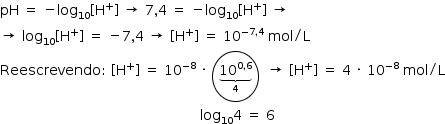 «math style=¨font-family:Tahoma¨ xmlns=¨http://www.w3.org/1998/Math/MathML¨»«mstyle mathsize=¨14px¨»«mi»pH«/mi»«mo»§#xA0;«/mo»«mo»=«/mo»«mo»§#xA0;«/mo»«mo»-«/mo»«msub»«mi»log«/mi»«mn»10«/mn»«/msub»«mo»[«/mo»«msup»«mi mathvariant=¨normal¨»H«/mi»«mo»+«/mo»«/msup»«mo»]«/mo»«mo»§#xA0;«/mo»«mo»§#x2192;«/mo»«mo»§#xA0;«/mo»«mn»7«/mn»«mo»,«/mo»«mn»4«/mn»«mo»§#xA0;«/mo»«mo»=«/mo»«mo»§#xA0;«/mo»«mo»-«/mo»«msub»«mi»log«/mi»«mn»10«/mn»«/msub»«mo»[«/mo»«msup»«mi mathvariant=¨normal¨»H«/mi»«mo»+«/mo»«/msup»«mo»]«/mo»«mo»§#xA0;«/mo»«mo»§#x2192;«/mo»«mspace linebreak=¨newline¨/»«mo»§#x2192;«/mo»«mo»§#xA0;«/mo»«msub»«mi»log«/mi»«mn»10«/mn»«/msub»«mo»[«/mo»«msup»«mi mathvariant=¨normal¨»H«/mi»«mo»+«/mo»«/msup»«mo»]«/mo»«mo»§#xA0;«/mo»«mo»=«/mo»«mo»§#xA0;«/mo»«mo»-«/mo»«mn»7«/mn»«mo»,«/mo»«mn»4«/mn»«mo»§#xA0;«/mo»«mo»§#x2192;«/mo»«mo»§#xA0;«/mo»«mo»[«/mo»«msup»«mi mathvariant=¨normal¨»H«/mi»«mo»+«/mo»«/msup»«mo»]«/mo»«mo»§#xA0;«/mo»«mo»=«/mo»«mo»§#xA0;«/mo»«msup»«mn»10«/mn»«mrow»«mo»-«/mo»«mn»7«/mn»«mo»,«/mo»«mn»4«/mn»«/mrow»«/msup»«mo»§#xA0;«/mo»«mi»mol«/mi»«mo»/«/mo»«mi mathvariant=¨normal¨»L«/mi»«mspace linebreak=¨newline¨/»«mi»Reescrevendo«/mi»«mo»:«/mo»«mo»§#xA0;«/mo»«mo»[«/mo»«msup»«mi mathvariant=¨normal¨»H«/mi»«mo»+«/mo»«/msup»«mo»]«/mo»«mo»§#xA0;«/mo»«mo»=«/mo»«mo»§#xA0;«/mo»«msup»«mn»10«/mn»«mrow»«mo»-«/mo»«mn»8«/mn»«/mrow»«/msup»«mo»§#xA0;«/mo»«mo»§#xB7;«/mo»«mo»§#xA0;«/mo»«menclose notation=¨circle¨»«munder»«munder»«msup»«mn»10«/mn»«mrow»«mn»0«/mn»«mo»,«/mo»«mn»6«/mn»«/mrow»«/msup»«mo»§#x23DF;«/mo»«/munder»«mn»4«/mn»«/munder»«/menclose»«mo»§#xA0;«/mo»«mo»§#xA0;«/mo»«mo»§#x2192;«/mo»«mo»§#xA0;«/mo»«mo»[«/mo»«msup»«mi mathvariant=¨normal¨»H«/mi»«mo»+«/mo»«/msup»«mo»]«/mo»«mo»§#xA0;«/mo»«mo»=«/mo»«mo»§#xA0;«/mo»«mn»4«/mn»«mo»§#xA0;«/mo»«mo»§#xB7;«/mo»«mo»§#xA0;«/mo»«msup»«mn»10«/mn»«mrow»«mo»-«/mo»«mn»8«/mn»«/mrow»«/msup»«mo»§#xA0;«/mo»«mi»mol«/mi»«mo»/«/mo»«mi mathvariant=¨normal¨»L«/mi»«mspace linebreak=¨newline¨/»«mo»§#xA0;«/mo»«mo»§#xA0;«/mo»«mo»§#xA0;«/mo»«mo»§#xA0;«/mo»«mo»§#xA0;«/mo»«mo»§#xA0;«/mo»«mo»§#xA0;«/mo»«mo»§#xA0;«/mo»«mo»§#xA0;«/mo»«mo»§#xA0;«/mo»«mo»§#xA0;«/mo»«mo»§#xA0;«/mo»«mo»§#xA0;«/mo»«mo»§#xA0;«/mo»«mo»§#xA0;«/mo»«mo»§#xA0;«/mo»«mo»§#xA0;«/mo»«mo»§#xA0;«/mo»«mo»§#xA0;«/mo»«mo»§#xA0;«/mo»«mo»§#xA0;«/mo»«mo»§#xA0;«/mo»«mo»§#xA0;«/mo»«mo»§#xA0;«/mo»«mo»§#xA0;«/mo»«mo»§#xA0;«/mo»«mo»§#xA0;«/mo»«mo»§#xA0;«/mo»«mo»§#xA0;«/mo»«mo»§#xA0;«/mo»«mo»§#xA0;«/mo»«mo»§#xA0;«/mo»«mo»§#xA0;«/mo»«mo»§#xA0;«/mo»«mo»§#xA0;«/mo»«mo»§#xA0;«/mo»«mo»§#xA0;«/mo»«mo»§#xA0;«/mo»«mo»§#xA0;«/mo»«mo»§#xA0;«/mo»«mo»§#xA0;«/mo»«mo»§#xA0;«/mo»«mo»§#xA0;«/mo»«mo»§#xA0;«/mo»«mo»§#xA0;«/mo»«mo»§#xA0;«/mo»«mo»§#xA0;«/mo»«mo»§#xA0;«/mo»«mo»§#xA0;«/mo»«mo»§#xA0;«/mo»«msub»«mi»log«/mi»«mn»10«/mn»«/msub»«mn»4«/mn»«mo»§#xA0;«/mo»«mo»=«/mo»«mo»§#xA0;«/mo»«mn»6«/mn»«/mstyle»«/math»