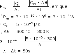 «math style=¨font-family:Tahoma¨ xmlns=¨http://www.w3.org/1998/Math/MathML¨»«mstyle mathsize=¨14px¨»«mrow»«msub»«mi mathvariant=¨normal¨»P«/mi»«mi mathvariant=¨normal¨»m«/mi»«/msub»«mo»§#x000A0;«/mo»«mo»=«/mo»«mo»§#x000A0;«/mo»«mfrac»«mfenced open=¨|¨ close=¨|¨»«mi mathvariant=¨normal¨»Q«/mi»«/mfenced»«mrow»«mo»§#x02206;«/mo»«mi mathvariant=¨normal¨»t«/mi»«/mrow»«/mfrac»«mo»§#x000A0;«/mo»«mo»=«/mo»«mo»§#x000A0;«/mo»«mfrac»«mfenced open=¨|¨ close=¨|¨»«mrow»«msub»«mi mathvariant=¨normal¨»C«/mi»«mi»CI«/mi»«/msub»«mo»§#x000A0;«/mo»«mo»§#x000B7;«/mo»«mo»§#x000A0;«/mo»«mo»§#x02206;«/mo»«mi mathvariant=¨normal¨»§#x003B8;«/mi»«/mrow»«/mfenced»«mrow»«mo»§#x02206;«/mo»«mi mathvariant=¨normal¨»t«/mi»«/mrow»«/mfrac»«mo»,«/mo»«mo»§#x000A0;«/mo»«mi»em«/mi»«mo»§#x000A0;«/mo»«mi»que«/mi»«mo»§#x000A0;«/mo»«mspace linebreak=¨newline¨/»«mfenced open=¨{¨ close=¨¨»«mtable columnalign=¨left¨»«mtr»«mtd»«msub»«mi mathvariant=¨normal¨»P«/mi»«mi mathvariant=¨normal¨»m«/mi»«/msub»«mo»§#x000A0;«/mo»«mo»=«/mo»«mo»§#x000A0;«/mo»«mn»3«/mn»«mo»§#x000A0;«/mo»«mo»§#x000B7;«/mo»«mo»§#x000A0;«/mo»«msup»«mn»10«/mn»«mrow»«mo»-«/mo»«mn»10«/mn»«/mrow»«/msup»«mo»§#x000A0;«/mo»«mo»§#x000B7;«/mo»«mo»§#x000A0;«/mo»«msup»«mn»10«/mn»«mn»6«/mn»«/msup»«mo»§#x000A0;«/mo»«mo»=«/mo»«mo»§#x000A0;«/mo»«mn»3«/mn»«mo»§#x000A0;«/mo»«mo»§#x000B7;«/mo»«mo»§#x000A0;«/mo»«msup»«mn»10«/mn»«mrow»«mo»-«/mo»«mn»4«/mn»«/mrow»«/msup»«mo»§#x000A0;«/mo»«mi mathvariant=¨normal¨»W«/mi»«/mtd»«/mtr»«mtr»«mtd»«msub»«mi mathvariant=¨normal¨»C«/mi»«mi»CI«/mi»«/msub»«mo»§#x000A0;«/mo»«mo»=«/mo»«mo»§#x000A0;«/mo»«mn»5«/mn»«mo»§#x000A0;«/mo»«mo»§#x000B7;«/mo»«mo»§#x000A0;«/mo»«msup»«mn»10«/mn»«mrow»«mo»-«/mo»«mn»5«/mn»«/mrow»«/msup»«mo»§#x000A0;«/mo»«mi mathvariant=¨normal¨»J«/mi»«mo»/«/mo»«mi mathvariant=¨normal¨»K«/mi»«/mtd»«/mtr»«mtr»«mtd»«mo»§#x02206;«/mo»«mi mathvariant=¨normal¨»§#x003B8;«/mi»«mo»§#x000A0;«/mo»«mo»=«/mo»«mo»§#x000A0;«/mo»«mn»300«/mn»«mo»§#x000A0;«/mo»«mo»§#x000B0;«/mo»«mi mathvariant=¨normal¨»C«/mi»«mo»§#x000A0;«/mo»«mo»=«/mo»«mo»§#x000A0;«/mo»«mn»300«/mn»«mo»§#x000A0;«/mo»«mi mathvariant=¨normal¨»K«/mi»«/mtd»«/mtr»«/mtable»«/mfenced»«mspace linebreak=¨newline¨/»«mn»3«/mn»«mo»§#x000A0;«/mo»«mo»§#x000B7;«/mo»«mo»§#x000A0;«/mo»«msup»«mn»10«/mn»«mrow»«mo»-«/mo»«mn»4«/mn»«/mrow»«/msup»«mo»§#x000A0;«/mo»«mo»=«/mo»«mo»§#x000A0;«/mo»«mfrac»«mfenced open=¨|¨ close=¨|¨»«mrow»«mn»5«/mn»«mo»§#x000A0;«/mo»«mo»§#x000B7;«/mo»«mo»§#x000A0;«/mo»«msup»«mn»10«/mn»«mrow»«mo»-«/mo»«mn»5«/mn»«/mrow»«/msup»«mo»§#x000A0;«/mo»«mo»§#x000B7;«/mo»«mo»§#x000A0;«/mo»«mn»300«/mn»«/mrow»«/mfenced»«mrow»«mo»§#x02206;«/mo»«mi mathvariant=¨normal¨»t«/mi»«/mrow»«/mfrac»«mspace linebreak=¨newline¨/»«mo»§#x000A0;«/mo»«mo»§#x000A0;«/mo»«mo»§#x02234;«/mo»«mo»§#x000A0;«/mo»«mo»§#x000A0;«/mo»«mo»§#x000A0;«/mo»«mo»§#x02206;«/mo»«mi mathvariant=¨normal¨»t«/mi»«mo»§#x000A0;«/mo»«mo»=«/mo»«mo»§#x000A0;«/mo»«mn»50«/mn»«mi mathvariant=¨normal¨»s«/mi»«/mrow»«/mstyle»«/math»
