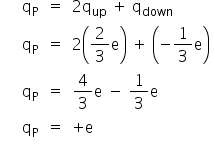 «math xmlns=¨http://www.w3.org/1998/Math/MathML¨»«mtable columnalign=¨center center center left¨»«mtr»«mtd/»«mtd»«msub»«mi mathvariant=¨normal¨»q«/mi»«mi mathvariant=¨normal¨»P«/mi»«/msub»«/mtd»«mtd»«mo»=«/mo»«/mtd»«mtd»«mn»2«/mn»«msub»«mi mathvariant=¨normal¨»q«/mi»«mi»up«/mi»«/msub»«mo»§#x000A0;«/mo»«mo»+«/mo»«mo»§#x000A0;«/mo»«msub»«mi mathvariant=¨normal¨»q«/mi»«mi»down«/mi»«/msub»«/mtd»«/mtr»«mtr»«mtd/»«mtd»«msub»«mi mathvariant=¨normal¨»q«/mi»«mi mathvariant=¨normal¨»P«/mi»«/msub»«/mtd»«mtd»«mo»=«/mo»«/mtd»«mtd»«mn»2«/mn»«mfenced»«mrow»«mfrac»«mn»2«/mn»«mn»3«/mn»«/mfrac»«mi mathvariant=¨normal¨»e«/mi»«/mrow»«/mfenced»«mo»§#x000A0;«/mo»«mo»+«/mo»«mo»§#x000A0;«/mo»«mfenced»«mrow»«mo»-«/mo»«mfrac»«mn»1«/mn»«mn»3«/mn»«/mfrac»«mi mathvariant=¨normal¨»e«/mi»«/mrow»«/mfenced»«/mtd»«/mtr»«mtr»«mtd/»«mtd»«msub»«mi mathvariant=¨normal¨»q«/mi»«mi mathvariant=¨normal¨»P«/mi»«/msub»«/mtd»«mtd»«mo»=«/mo»«/mtd»«mtd»«mfrac»«mn»4«/mn»«mn»3«/mn»«/mfrac»«mi mathvariant=¨normal¨»e«/mi»«mo»§#x000A0;«/mo»«mo»-«/mo»«mo»§#x000A0;«/mo»«mfrac»«mn»1«/mn»«mn»3«/mn»«/mfrac»«mi mathvariant=¨normal¨»e«/mi»«mo»§#x000A0;«/mo»«/mtd»«/mtr»«mtr»«mtd/»«mtd»«msub»«mi mathvariant=¨normal¨»q«/mi»«mi mathvariant=¨normal¨»P«/mi»«/msub»«/mtd»«mtd»«mo»=«/mo»«/mtd»«mtd»«mo»+«/mo»«mi mathvariant=¨normal¨»e«/mi»«/mtd»«/mtr»«/mtable»«/math»