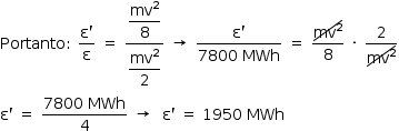 «math style=¨font-family:Tahoma¨ xmlns=¨http://www.w3.org/1998/Math/MathML¨»«mstyle mathsize=¨14px¨»«mi»Portanto«/mi»«mo»:«/mo»«mo»§#xA0;«/mo»«mfrac»«mrow»«mi mathvariant=¨normal¨»§#x3B5;«/mi»«mo»`«/mo»«/mrow»«mi mathvariant=¨normal¨»§#x3B5;«/mi»«/mfrac»«mo»§#xA0;«/mo»«mo»=«/mo»«mo»§#xA0;«/mo»«mfrac»«mstyle displaystyle=¨true¨»«mfrac»«msup»«mi»mv«/mi»«mn»2«/mn»«/msup»«mn»8«/mn»«/mfrac»«/mstyle»«mstyle displaystyle=¨true¨»«mfrac»«msup»«mi»mv«/mi»«mn»2«/mn»«/msup»«mn»2«/mn»«/mfrac»«/mstyle»«/mfrac»«mo»§#xA0;«/mo»«mo»§#x2192;«/mo»«mo»§#xA0;«/mo»«mfrac»«mrow»«mi mathvariant=¨normal¨»§#x3B5;«/mi»«mo»`«/mo»«/mrow»«mrow»«mn»7800«/mn»«mo»§#xA0;«/mo»«mi»MWh«/mi»«/mrow»«/mfrac»«mo»§#xA0;«/mo»«mo»=«/mo»«mo»§#xA0;«/mo»«mfrac»«menclose notation=¨updiagonalstrike¨»«msup»«mi»mv«/mi»«mn»2«/mn»«/msup»«/menclose»«mn»8«/mn»«/mfrac»«mo»§#xA0;«/mo»«mo»§#xB7;«/mo»«mo»§#xA0;«/mo»«mfrac»«mn»2«/mn»«menclose notation=¨updiagonalstrike¨»«msup»«mi»mv«/mi»«mn»2«/mn»«/msup»«/menclose»«/mfrac»«mspace linebreak=¨newline¨/»«mi mathvariant=¨normal¨»§#x3B5;«/mi»«mo»`«/mo»«mo»§#xA0;«/mo»«mo»=«/mo»«mo»§#xA0;«/mo»«mfrac»«mrow»«mn»7800«/mn»«mo»§#xA0;«/mo»«mi»MWh«/mi»«/mrow»«mn»4«/mn»«/mfrac»«mo»§#xA0;«/mo»«mo»§#x2192;«/mo»«mo»§#xA0;«/mo»«mo»§#xA0;«/mo»«mi mathvariant=¨normal¨»§#x3B5;«/mi»«mo»`«/mo»«mo»§#xA0;«/mo»«mo»=«/mo»«mo»§#xA0;«/mo»«mn»1950«/mn»«mo»§#xA0;«/mo»«mi»MWh«/mi»«/mstyle»«/math»