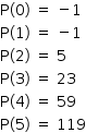 «math style=¨font-family:Tahoma¨ xmlns=¨http://www.w3.org/1998/Math/MathML¨»«mstyle mathsize=¨14px¨»«mrow»«mi mathvariant=¨normal¨»P«/mi»«mo»(«/mo»«mn»0«/mn»«mo»)«/mo»«mo»§#xA0;«/mo»«mo»=«/mo»«mo»§#xA0;«/mo»«mo»-«/mo»«mn»1«/mn»«mspace linebreak=¨newline¨/»«mi mathvariant=¨normal¨»P«/mi»«mo»(«/mo»«mn»1«/mn»«mo»)«/mo»«mo»§#xA0;«/mo»«mo»=«/mo»«mo»§#xA0;«/mo»«mo»-«/mo»«mn»1«/mn»«mspace linebreak=¨newline¨/»«mi mathvariant=¨normal¨»P«/mi»«mo»(«/mo»«mn»2«/mn»«mo»)«/mo»«mo»§#xA0;«/mo»«mo»=«/mo»«mo»§#xA0;«/mo»«mn»5«/mn»«mspace linebreak=¨newline¨/»«mi mathvariant=¨normal¨»P«/mi»«mo»(«/mo»«mn»3«/mn»«mo»)«/mo»«mo»§#xA0;«/mo»«mo»=«/mo»«mo»§#xA0;«/mo»«mn»23«/mn»«mspace linebreak=¨newline¨/»«mi mathvariant=¨normal¨»P«/mi»«mo»(«/mo»«mn»4«/mn»«mo»)«/mo»«mo»§#xA0;«/mo»«mo»=«/mo»«mo»§#xA0;«/mo»«mn»59«/mn»«mspace linebreak=¨newline¨/»«mi mathvariant=¨normal¨»P«/mi»«mo»(«/mo»«mn»5«/mn»«mo»)«/mo»«mo»§#xA0;«/mo»«mo»=«/mo»«mo»§#xA0;«/mo»«mn»119«/mn»«/mrow»«/mstyle»«/math»