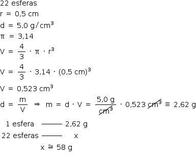 «math style=¨font-family:Tahoma¨ xmlns=¨http://www.w3.org/1998/Math/MathML¨»«mstyle mathsize=¨14px¨»«mn»22«/mn»«mo»§#x000A0;«/mo»«mi»esferas«/mi»«mspace linebreak=¨newline¨/»«mi mathvariant=¨normal¨»r«/mi»«mo»§#x000A0;«/mo»«mo»=«/mo»«mo»§#x000A0;«/mo»«mn»0«/mn»«mo»,«/mo»«mn»5«/mn»«mo»§#x000A0;«/mo»«mi»cm«/mi»«mspace linebreak=¨newline¨/»«mi mathvariant=¨normal¨»d«/mi»«mo»§#x000A0;«/mo»«mo»=«/mo»«mo»§#x000A0;«/mo»«mn»5«/mn»«mo»,«/mo»«mn»0«/mn»«mo»§#x000A0;«/mo»«mi mathvariant=¨normal¨»g«/mi»«mo»/«/mo»«msup»«mi»cm«/mi»«mn»3«/mn»«/msup»«mspace linebreak=¨newline¨/»«mi mathvariant=¨normal¨»§#x003C0;«/mi»«mo»§#x000A0;«/mo»«mo»=«/mo»«mo»§#x000A0;«/mo»«mn»3«/mn»«mo»,«/mo»«mn»14«/mn»«mspace linebreak=¨newline¨/»«mi mathvariant=¨normal¨»V«/mi»«mo»§#x000A0;«/mo»«mo»=«/mo»«mo»§#x000A0;«/mo»«mfrac»«mn»4«/mn»«mn»3«/mn»«/mfrac»«mo»§#x000A0;«/mo»«mo»§#x000B7;«/mo»«mo»§#x000A0;«/mo»«mi mathvariant=¨normal¨»§#x003C0;«/mi»«mo»§#x000A0;«/mo»«mo»§#x000B7;«/mo»«mo»§#x000A0;«/mo»«msup»«mi mathvariant=¨normal¨»r«/mi»«mn»3«/mn»«/msup»«mspace linebreak=¨newline¨/»«mi mathvariant=¨normal¨»V«/mi»«mo»§#x000A0;«/mo»«mo»=«/mo»«mo»§#x000A0;«/mo»«mfrac»«mn»4«/mn»«mn»3«/mn»«/mfrac»«mo»§#x000A0;«/mo»«mo»§#x000B7;«/mo»«mo»§#x000A0;«/mo»«mn»3«/mn»«mo»,«/mo»«mn»14«/mn»«mo»§#x000A0;«/mo»«mo»§#x000B7;«/mo»«mo»§#x000A0;«/mo»«mo»(«/mo»«mn»0«/mn»«mo»,«/mo»«mn»5«/mn»«mo»§#x000A0;«/mo»«mi»cm«/mi»«msup»«mo»)«/mo»«mn»3«/mn»«/msup»«mspace linebreak=¨newline¨/»«mi mathvariant=¨normal¨»V«/mi»«mo»§#x000A0;«/mo»«mo»=«/mo»«mo»§#x000A0;«/mo»«mn»0«/mn»«mo»,«/mo»«mn»523«/mn»«mo»§#x000A0;«/mo»«msup»«mi»cm«/mi»«mn»3«/mn»«/msup»«mspace linebreak=¨newline¨/»«mi mathvariant=¨normal¨»d«/mi»«mo»§#x000A0;«/mo»«mo»=«/mo»«mo»§#x000A0;«/mo»«mfrac»«mi mathvariant=¨normal¨»m«/mi»«mi mathvariant=¨normal¨»V«/mi»«/mfrac»«mo»§#x000A0;«/mo»«mo»§#x000A0;«/mo»«mo»§#x021D2;«/mo»«mo»§#x000A0;«/mo»«mo»§#x000A0;«/mo»«mi mathvariant=¨normal¨»m«/mi»«mo»§#x000A0;«/mo»«mo»=«/mo»«mo»§#x000A0;«/mo»«mi mathvariant=¨normal¨»d«/mi»«mo»§#x000A0;«/mo»«mo»§#x000B7;«/mo»«mo»§#x000A0;«/mo»«mi mathvariant=¨normal¨»V«/mi»«mo»§#x000A0;«/mo»«mo»=«/mo»«mo»§#x000A0;«/mo»«mfrac»«mrow»«mn»5«/mn»«mo»,«/mo»«mn»0«/mn»«mo»§#x000A0;«/mo»«mi mathvariant=¨normal¨»g«/mi»«/mrow»«menclose notation=¨updiagonalstrike¨»«msup»«mi»cm«/mi»«mn»3«/mn»«/msup»«/menclose»«/mfrac»«mo»§#x000A0;«/mo»«mo»§#x000B7;«/mo»«mo»§#x000A0;«/mo»«mn»0«/mn»«mo»,«/mo»«mn»523«/mn»«mo»§#x000A0;«/mo»«menclose notation=¨updiagonalstrike¨»«msup»«mi»cm«/mi»«mn»3«/mn»«/msup»«/menclose»«mo»§#x000A0;«/mo»«mo»§#x02261;«/mo»«mo»§#x000A0;«/mo»«mn»2«/mn»«mo»,«/mo»«mn»62«/mn»«mo»§#x000A0;«/mo»«mi mathvariant=¨normal¨»g«/mi»«mspace linebreak=¨newline¨/»«mtable»«mtr»«mtd»«mn»1«/mn»«mo»§#x000A0;«/mo»«mi»esfera«/mi»«/mtd»«mtd»«msup»«mrow/»«mi»________«/mi»«/msup»«/mtd»«mtd»«mn»2«/mn»«mo»,«/mo»«mn»62«/mn»«mo»§#x000A0;«/mo»«mi mathvariant=¨normal¨»g«/mi»«/mtd»«/mtr»«mtr»«mtd»«mn»22«/mn»«mo»§#x000A0;«/mo»«mi»esferas«/mi»«/mtd»«mtd»«msup»«mrow/»«mi»________«/mi»«/msup»«/mtd»«mtd»«mi mathvariant=¨normal¨»x«/mi»«/mtd»«/mtr»«/mtable»«mspace linebreak=¨newline¨/»«mo»§#x000A0;«/mo»«mo»§#x000A0;«/mo»«mo»§#x000A0;«/mo»«mo»§#x000A0;«/mo»«mo»§#x000A0;«/mo»«mo»§#x000A0;«/mo»«mo»§#x000A0;«/mo»«mo»§#x000A0;«/mo»«mo»§#x000A0;«/mo»«mo»§#x000A0;«/mo»«mo»§#x000A0;«/mo»«mo»§#x000A0;«/mo»«mo»§#x000A0;«/mo»«mo»§#x000A0;«/mo»«mo»§#x000A0;«/mo»«mo»§#x000A0;«/mo»«mo»§#x000A0;«/mo»«mo»§#x000A0;«/mo»«mo»§#x000A0;«/mo»«mo»§#x000A0;«/mo»«mi mathvariant=¨normal¨»x«/mi»«mo»§#x000A0;«/mo»«mo»§#x02245;«/mo»«mo»§#x000A0;«/mo»«mn»58«/mn»«mo»§#x000A0;«/mo»«mi mathvariant=¨normal¨»g«/mi»«mspace linebreak=¨newline¨/»«/mstyle»«/math»