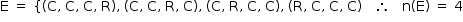«math style=¨font-family:Tahoma¨ xmlns=¨http://www.w3.org/1998/Math/MathML¨»«mstyle mathsize=¨14px¨»«mrow»«mi mathvariant=¨normal¨»E«/mi»«mo»§#x000A0;«/mo»«mo»=«/mo»«mo»§#x000A0;«/mo»«mo»{«/mo»«mo»(«/mo»«mi mathvariant=¨normal¨»C«/mi»«mo»,«/mo»«mo»§#x000A0;«/mo»«mi mathvariant=¨normal¨»C«/mi»«mo»,«/mo»«mo»§#x000A0;«/mo»«mi mathvariant=¨normal¨»C«/mi»«mo»,«/mo»«mo»§#x000A0;«/mo»«mi mathvariant=¨normal¨»R«/mi»«mo»)«/mo»«mo»,«/mo»«mo»§#x000A0;«/mo»«mo»(«/mo»«mi mathvariant=¨normal¨»C«/mi»«mo»,«/mo»«mo»§#x000A0;«/mo»«mi mathvariant=¨normal¨»C«/mi»«mo»,«/mo»«mo»§#x000A0;«/mo»«mi mathvariant=¨normal¨»R«/mi»«mo»,«/mo»«mo»§#x000A0;«/mo»«mi mathvariant=¨normal¨»C«/mi»«mo»)«/mo»«mo»,«/mo»«mo»§#x000A0;«/mo»«mo»(«/mo»«mi mathvariant=¨normal¨»C«/mi»«mo»,«/mo»«mo»§#x000A0;«/mo»«mi mathvariant=¨normal¨»R«/mi»«mo»,«/mo»«mo»§#x000A0;«/mo»«mi mathvariant=¨normal¨»C«/mi»«mo»,«/mo»«mo»§#x000A0;«/mo»«mi mathvariant=¨normal¨»C«/mi»«mo»)«/mo»«mo»,«/mo»«mo»§#x000A0;«/mo»«mo»(«/mo»«mi mathvariant=¨normal¨»R«/mi»«mo»,«/mo»«mo»§#x000A0;«/mo»«mi mathvariant=¨normal¨»C«/mi»«mo»,«/mo»«mo»§#x000A0;«/mo»«mi mathvariant=¨normal¨»C«/mi»«mo»,«/mo»«mo»§#x000A0;«/mo»«mi mathvariant=¨normal¨»C«/mi»«mo»)«/mo»«mo»§#x000A0;«/mo»«mo»§#x000A0;«/mo»«mo»§#x000A0;«/mo»«mo»§#x02234;«/mo»«mo»§#x000A0;«/mo»«mo»§#x000A0;«/mo»«mo»§#x000A0;«/mo»«mi mathvariant=¨normal¨»n«/mi»«mo»(«/mo»«mi mathvariant=¨normal¨»E«/mi»«mo»)«/mo»«mo»§#x000A0;«/mo»«mo»=«/mo»«mo»§#x000A0;«/mo»«mn»4«/mn»«/mrow»«/mstyle»«/math»
