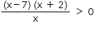 «math style=¨font-family:Tahoma¨ xmlns=¨http://www.w3.org/1998/Math/MathML¨»«mstyle mathsize=¨14px¨»«mrow»«mfrac»«mrow»«mo»(«/mo»«mi mathvariant=¨normal¨»x«/mi»«mo»-«/mo»«mn»7«/mn»«mo»)«/mo»«mo»§#xA0;«/mo»«mo»(«/mo»«mi mathvariant=¨normal¨»x«/mi»«mo»§#xA0;«/mo»«mo»+«/mo»«mo»§#xA0;«/mo»«mn»2«/mn»«mo»)«/mo»«/mrow»«mi mathvariant=¨normal¨»x«/mi»«/mfrac»«mo»§#xA0;«/mo»«mo»§gt;«/mo»«mo»§#xA0;«/mo»«mn»0«/mn»«/mrow»«/mstyle»«/math»