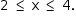 «math style=¨font-family:Tahoma¨ xmlns=¨http://www.w3.org/1998/Math/MathML¨»«mstyle mathsize=¨14px¨»«mrow»«mn»2«/mn»«mo»§#xA0;«/mo»«mo»§#x2264;«/mo»«mo»§#xA0;«/mo»«mi mathvariant=¨normal¨»x«/mi»«mo»§#xA0;«/mo»«mo»§#x2264;«/mo»«mo»§#xA0;«/mo»«mn»4«/mn»«mo».«/mo»«/mrow»«/mstyle»«/math»