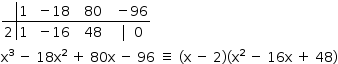 «math style=¨font-family:Tahoma¨ xmlns=¨http://www.w3.org/1998/Math/MathML¨»«mstyle mathsize=¨14px¨»«mtable rowlines=¨solid none¨ columnlines=¨solid none¨»«mtr»«mtd/»«mtd»«mn»1«/mn»«/mtd»«mtd»«mo»§#xA0;«/mo»«mo»-«/mo»«mn»18«/mn»«/mtd»«mtd»«mo»§#xA0;«/mo»«mo»§#xA0;«/mo»«mn»80«/mn»«/mtd»«mtd»«mo»§#xA0;«/mo»«mo»§#xA0;«/mo»«mo»-«/mo»«mn»96«/mn»«/mtd»«/mtr»«mtr»«mtd»«mn»2«/mn»«/mtd»«mtd»«mn»1«/mn»«/mtd»«mtd»«mo»§#xA0;«/mo»«mo»-«/mo»«mn»16«/mn»«/mtd»«mtd»«mo»§#xA0;«/mo»«mo»§#xA0;«/mo»«mn»48«/mn»«/mtd»«mtd»«mo»§#xA0;«/mo»«mo»§#xA0;«/mo»«mo»|«/mo»«mo»§#xA0;«/mo»«mo»§#xA0;«/mo»«mn»0«/mn»«/mtd»«/mtr»«/mtable»«mspace linebreak=¨newline¨/»«msup»«mi mathvariant=¨normal¨»x«/mi»«mn»3«/mn»«/msup»«mo»§#xA0;«/mo»«mo»-«/mo»«mo»§#xA0;«/mo»«mn»18«/mn»«msup»«mi mathvariant=¨normal¨»x«/mi»«mn»2«/mn»«/msup»«mo»§#xA0;«/mo»«mo»+«/mo»«mo»§#xA0;«/mo»«mn»80«/mn»«mi mathvariant=¨normal¨»x«/mi»«mo»§#xA0;«/mo»«mo»-«/mo»«mo»§#xA0;«/mo»«mn»96«/mn»«mo»§#xA0;«/mo»«mo»§#x2261;«/mo»«mo»§#xA0;«/mo»«mo»(«/mo»«mi mathvariant=¨normal¨»x«/mi»«mo»§#xA0;«/mo»«mo»-«/mo»«mo»§#xA0;«/mo»«mn»2«/mn»«mo»)«/mo»«mo»(«/mo»«msup»«mi mathvariant=¨normal¨»x«/mi»«mn»2«/mn»«/msup»«mo»§#xA0;«/mo»«mo»-«/mo»«mo»§#xA0;«/mo»«mn»16«/mn»«mi mathvariant=¨normal¨»x«/mi»«mo»§#xA0;«/mo»«mo»+«/mo»«mo»§#xA0;«/mo»«mn»48«/mn»«mo»)«/mo»«/mstyle»«/math»