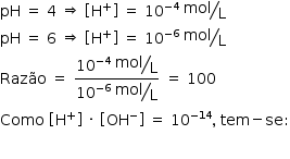 «math style=¨font-family:Tahoma¨ xmlns=¨http://www.w3.org/1998/Math/MathML¨»«mstyle mathsize=¨14px¨»«mrow»«mi»pH«/mi»«mo»§#xA0;«/mo»«mo»=«/mo»«mo»§#xA0;«/mo»«mn»4«/mn»«mo»§#xA0;«/mo»«mo»§#x21D2;«/mo»«mo»§#xA0;«/mo»«mfenced open=¨[¨ close=¨]¨»«msup»«mi mathvariant=¨normal¨»H«/mi»«mo»+«/mo»«/msup»«/mfenced»«mo»§#xA0;«/mo»«mo»=«/mo»«mo»§#xA0;«/mo»«msup»«mn»10«/mn»«mrow»«mo»-«/mo»«mn»4«/mn»«/mrow»«/msup»«mo»§#xA0;«/mo»«mfrac bevelled=¨true¨»«mi»mol«/mi»«mi mathvariant=¨normal¨»L«/mi»«/mfrac»«mspace linebreak=¨newline¨/»«mi»pH«/mi»«mo»§#xA0;«/mo»«mo»=«/mo»«mo»§#xA0;«/mo»«mn»6«/mn»«mo»§#xA0;«/mo»«mo»§#x21D2;«/mo»«mo»§#xA0;«/mo»«mfenced open=¨[¨ close=¨]¨»«msup»«mi mathvariant=¨normal¨»H«/mi»«mo»+«/mo»«/msup»«/mfenced»«mo»§#xA0;«/mo»«mo»=«/mo»«mo»§#xA0;«/mo»«msup»«mn»10«/mn»«mrow»«mo»-«/mo»«mn»6«/mn»«/mrow»«/msup»«mo»§#xA0;«/mo»«mfrac bevelled=¨true¨»«mi»mol«/mi»«mi mathvariant=¨normal¨»L«/mi»«/mfrac»«mspace linebreak=¨newline¨/»«mi»Raz§#xE3;o«/mi»«mo»§#xA0;«/mo»«mo»=«/mo»«mo»§#xA0;«/mo»«mfrac»«mrow»«msup»«mn»10«/mn»«mrow»«mo»-«/mo»«mn»4«/mn»«/mrow»«/msup»«mo»§#xA0;«/mo»«mstyle displaystyle=¨true¨»«mfrac bevelled=¨true¨»«mi»mol«/mi»«mi mathvariant=¨normal¨»L«/mi»«/mfrac»«/mstyle»«/mrow»«mrow»«msup»«mn»10«/mn»«mrow»«mo»-«/mo»«mn»6«/mn»«/mrow»«/msup»«mo»§#xA0;«/mo»«mstyle displaystyle=¨true¨»«mfrac bevelled=¨true¨»«mi»mol«/mi»«mi mathvariant=¨normal¨»L«/mi»«/mfrac»«/mstyle»«/mrow»«/mfrac»«mo»§#xA0;«/mo»«mo»=«/mo»«mo»§#xA0;«/mo»«mn»100«/mn»«mspace linebreak=¨newline¨/»«mi»Como«/mi»«mo»§#xA0;«/mo»«mfenced open=¨[¨ close=¨]¨»«msup»«mi mathvariant=¨normal¨»H«/mi»«mo»+«/mo»«/msup»«/mfenced»«mo»§#xA0;«/mo»«mo»§#xB7;«/mo»«mo»§#xA0;«/mo»«mfenced open=¨[¨ close=¨]¨»«msup»«mi»OH«/mi»«mo»-«/mo»«/msup»«/mfenced»«mo»§#xA0;«/mo»«mo»=«/mo»«mo»§#xA0;«/mo»«msup»«mn»10«/mn»«mrow»«mo»-«/mo»«mn»14«/mn»«/mrow»«/msup»«mo»,«/mo»«mo»§#xA0;«/mo»«mi»tem«/mi»«mo»-«/mo»«mi»se«/mi»«mo»:«/mo»«mspace linebreak=¨newline¨/»«mspace linebreak=¨newline¨/»«/mrow»«/mstyle»«/math»