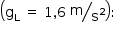 «math style=¨font-family:Tahoma¨ xmlns=¨http://www.w3.org/1998/Math/MathML¨»«mstyle mathsize=¨14px¨»«mrow»«mfenced»«mrow»«msub»«mi mathvariant=¨normal¨»g«/mi»«mi mathvariant=¨normal¨»L«/mi»«/msub»«mo»§#xA0;«/mo»«mo»=«/mo»«mo»§#xA0;«/mo»«mn»1«/mn»«mo»,«/mo»«mn»6«/mn»«mo»§#xA0;«/mo»«mfrac bevelled=¨true¨»«mi mathvariant=¨normal¨»m«/mi»«msup»«mi mathvariant=¨normal¨»s«/mi»«mn»2«/mn»«/msup»«/mfrac»«/mrow»«/mfenced»«mo»:«/mo»«/mrow»«/mstyle»«/math»