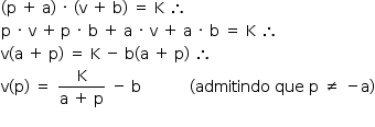 «math style=¨font-family:Tahoma¨ xmlns=¨http://www.w3.org/1998/Math/MathML¨»«mstyle mathsize=¨14px¨»«mrow»«mo»(«/mo»«mi mathvariant=¨normal¨»p«/mi»«mo»§#xA0;«/mo»«mo»+«/mo»«mo»§#xA0;«/mo»«mi mathvariant=¨normal¨»a«/mi»«mo»)«/mo»«mo»§#xA0;«/mo»«mo»§#xB7;«/mo»«mo»§#xA0;«/mo»«mo»(«/mo»«mi mathvariant=¨normal¨»v«/mi»«mo»§#xA0;«/mo»«mo»+«/mo»«mo»§#xA0;«/mo»«mi mathvariant=¨normal¨»b«/mi»«mo»)«/mo»«mo»§#xA0;«/mo»«mo»=«/mo»«mo»§#xA0;«/mo»«mi mathvariant=¨normal¨»K«/mi»«mo»§#xA0;«/mo»«mo»§#x2234;«/mo»«mspace linebreak=¨newline¨/»«mi mathvariant=¨normal¨»p«/mi»«mo»§#xA0;«/mo»«mo»§#xB7;«/mo»«mo»§#xA0;«/mo»«mi mathvariant=¨normal¨»v«/mi»«mo»§#xA0;«/mo»«mo»+«/mo»«mo»§#x2009;«/mo»«mi mathvariant=¨normal¨»p«/mi»«mo»§#xA0;«/mo»«mo»§#xB7;«/mo»«mo»§#xA0;«/mo»«mi mathvariant=¨normal¨»b«/mi»«mo»§#xA0;«/mo»«mo»+«/mo»«mo»§#xA0;«/mo»«mi mathvariant=¨normal¨»a«/mi»«mo»§#xA0;«/mo»«mo»§#xB7;«/mo»«mo»§#xA0;«/mo»«mi mathvariant=¨normal¨»v«/mi»«mo»§#xA0;«/mo»«mo»+«/mo»«mo»§#xA0;«/mo»«mi mathvariant=¨normal¨»a«/mi»«mo»§#xA0;«/mo»«mo»§#xB7;«/mo»«mo»§#xA0;«/mo»«mi mathvariant=¨normal¨»b«/mi»«mo»§#xA0;«/mo»«mo»=«/mo»«mo»§#xA0;«/mo»«mi mathvariant=¨normal¨»K«/mi»«mo»§#xA0;«/mo»«mo»§#x2234;«/mo»«mspace linebreak=¨newline¨/»«mi mathvariant=¨normal¨»v«/mi»«mo»(«/mo»«mi mathvariant=¨normal¨»a«/mi»«mo»§#xA0;«/mo»«mo»+«/mo»«mo»§#xA0;«/mo»«mi mathvariant=¨normal¨»p«/mi»«mo»)«/mo»«mo»§#xA0;«/mo»«mo»=«/mo»«mo»§#xA0;«/mo»«mi mathvariant=¨normal¨»K«/mi»«mo»§#xA0;«/mo»«mo»-«/mo»«mo»§#xA0;«/mo»«mi mathvariant=¨normal¨»b«/mi»«mo»(«/mo»«mi mathvariant=¨normal¨»a«/mi»«mo»§#xA0;«/mo»«mo»+«/mo»«mo»§#xA0;«/mo»«mi mathvariant=¨normal¨»p«/mi»«mo»)«/mo»«mo»§#xA0;«/mo»«mo»§#x2234;«/mo»«mspace linebreak=¨newline¨/»«mi mathvariant=¨normal¨»v«/mi»«mo»(«/mo»«mi mathvariant=¨normal¨»p«/mi»«mo»)«/mo»«mo»§#xA0;«/mo»«mo»=«/mo»«mo»§#xA0;«/mo»«mfrac»«mi mathvariant=¨normal¨»K«/mi»«mrow»«mi mathvariant=¨normal¨»a«/mi»«mo»§#xA0;«/mo»«mo»+«/mo»«mo»§#xA0;«/mo»«mi mathvariant=¨normal¨»p«/mi»«/mrow»«/mfrac»«mo»§#xA0;«/mo»«mo»-«/mo»«mo»§#xA0;«/mo»«mi mathvariant=¨normal¨»b«/mi»«mo»§#xA0;«/mo»«mo»§#xA0;«/mo»«mo»§#xA0;«/mo»«mo»§#xA0;«/mo»«mo»§#xA0;«/mo»«mo»§#xA0;«/mo»«mo»§#xA0;«/mo»«mo»§#xA0;«/mo»«mo»§#xA0;«/mo»«mo»§#xA0;«/mo»«mo»§#xA0;«/mo»«mo»(«/mo»«mi»admitindo«/mi»«mo»§#xA0;«/mo»«mi»que«/mi»«mo»§#xA0;«/mo»«mi mathvariant=¨normal¨»p«/mi»«mo»§#xA0;«/mo»«mo»§#x2260;«/mo»«mo»§#xA0;«/mo»«mo»-«/mo»«mi mathvariant=¨normal¨»a«/mi»«mo»)«/mo»«mspace linebreak=¨newline¨/»«/mrow»«/mstyle»«/math»