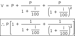 «math style=¨font-family:Tahoma¨ xmlns=¨http://www.w3.org/1998/Math/MathML¨»«mstyle mathsize=¨14px¨»«mrow»«mtable»«mtr»«mtd»«mi mathvariant=¨normal¨»V«/mi»«/mtd»«mtd»«mo»=«/mo»«/mtd»«mtd»«mi mathvariant=¨normal¨»P«/mi»«mo»§#xA0;«/mo»«mo»+«/mo»«mo»§#xA0;«/mo»«mfrac»«mi mathvariant=¨normal¨»P«/mi»«mrow»«mn»1«/mn»«mo»§#xA0;«/mo»«mo»+«/mo»«mo»§#xA0;«/mo»«mstyle displaystyle=¨true¨»«mfrac»«mi mathvariant=¨normal¨»i«/mi»«mn»100«/mn»«/mfrac»«/mstyle»«/mrow»«/mfrac»«mo»§#xA0;«/mo»«mo»+«/mo»«mo»§#xA0;«/mo»«mfrac»«mi mathvariant=¨normal¨»P«/mi»«msup»«mfenced»«mrow»«mn»1«/mn»«mo»§#xA0;«/mo»«mo»+«/mo»«mo»§#xA0;«/mo»«mstyle displaystyle=¨true¨»«mfrac»«mi mathvariant=¨normal¨»i«/mi»«mn»100«/mn»«/mfrac»«/mstyle»«/mrow»«/mfenced»«mn»2«/mn»«/msup»«/mfrac»«/mtd»«/mtr»«/mtable»«mspace linebreak=¨newline¨/»«menclose notation=¨box¨»«mo»§#x2234;«/mo»«mo»§#xA0;«/mo»«mi mathvariant=¨normal¨»P«/mi»«mo»§#xA0;«/mo»«mfenced open=¨[¨ close=¨]¨»«mrow»«mn»1«/mn»«mo»§#xA0;«/mo»«mo»+«/mo»«mo»§#xA0;«/mo»«mfrac»«mn»1«/mn»«mrow»«mn»1«/mn»«mo»§#xA0;«/mo»«mo»+«/mo»«mo»§#xA0;«/mo»«mstyle displaystyle=¨true¨»«mfrac»«mi mathvariant=¨normal¨»i«/mi»«mn»100«/mn»«/mfrac»«/mstyle»«/mrow»«/mfrac»«mo»§#xA0;«/mo»«mo»+«/mo»«mo»§#xA0;«/mo»«mfrac»«mn»1«/mn»«msup»«mfenced»«mrow»«mn»1«/mn»«mo»§#xA0;«/mo»«mo»+«/mo»«mo»§#xA0;«/mo»«mstyle displaystyle=¨true¨»«mfrac»«mi mathvariant=¨normal¨»i«/mi»«mn»100«/mn»«/mfrac»«/mstyle»«/mrow»«/mfenced»«mn»2«/mn»«/msup»«/mfrac»«/mrow»«/mfenced»«/menclose»«/mrow»«/mstyle»«/math»