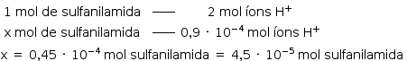 começar estilo tamanho matemático 14px tabela linha com célula com 1 espaço mol espaço de espaço sulfanilamida fim da célula célula com espaço em branco à potência de _____ fim da célula célula com 2 espaço mol espaço íons espaço reto H à potência de mais fim da célula linha com célula com reto x espaço mol espaço de espaço sulfanilamida fim da célula célula com espaço em branco à potência de _____ fim da célula célula com 0 vírgula 9 espaço vezes espaço 10 à potência de menos 4 fim do exponencial espaço mol espaço íons espaço reto H à potência de mais fim da célula fim da tabela reto x espaço igual a espaço 0 vírgula 45 espaço vezes espaço 10 à potência de menos 4 fim do exponencial espaço mol espaço sulfanilamida espaço igual a espaço 4 vírgula 5 espaço vezes espaço 10 à potência de menos 5 fim do exponencial espaço mol espaço sulfanilamida espaço fim do estilo