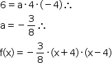 começar estilo tamanho matemático 14px 6 igual a reto a vezes 4 vezes parêntese esquerdo menos 4 parêntese direito então reto a igual a menos 3 sobre 8 então espaço reto f parêntese esquerdo reto x parêntese direito igual a menos 3 sobre 8 vezes parêntese esquerdo reto x mais 4 parêntese direito vezes parêntese esquerdo reto x menos 4 parêntese direito fim do estilo