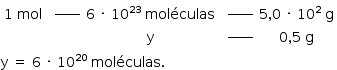 começar estilo tamanho matemático 14px tabela linha com célula com 1 espaço mol fim da célula célula com espaço em branco à potência de _____ fim da célula célula com 6 espaço vezes espaço 10 à potência de 23 espaço moléculas fim da célula célula com espaço em branco à potência de _____ fim da célula célula com 5 vírgula 0 espaço vezes espaço 10 ao quadrado espaço reto g fim da célula linha com blank blank reto y célula com espaço em branco à potência de _____ fim da célula célula com 0 vírgula 5 espaço reto g fim da célula fim da tabela reto y espaço igual a espaço 6 espaço vezes espaço 10 à potência de 20 espaço moléculas. fim do estilo