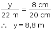 começar estilo tamanho matemático 14px numerador reto y sobre denominador 22 espaço reto m fim da fração igual a numerador 8 espaço cm sobre denominador 20 espaço cm fim da fração então espaço espaço espaço reto y igual a 8 vírgula 8 espaço reto m fim do estilo