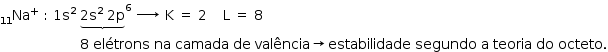 começar estilo tamanho matemático 14px Na com 11 pré-subscrito com mais sobrescrito espaço dois pontos espaço 1 reto s ao quadrado espaço pilha 2 reto s ao quadrado espaço 2 reto p com chave inferior abaixo à potência de 6 espaço seta para a direita de espaço em branco de espaço reto K espaço igual a espaço 2 espaço espaço espaço espaço reto L espaço igual a espaço 8 espaço espaço espaço espaço espaço espaço espaço espaço espaço espaço espaço espaço espaço espaço espaço espaço espaço espaço espaço espaço 8 espaço elétrons espaço na espaço camada espaço de espaço valência seta para a direita estabilidade espaço segundo espaço reto a espaço teoria espaço do espaço octeto. fim do estilo