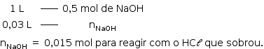 começar estilo tamanho matemático 14px tabela linha com célula com 1 espaço reto L fim da célula célula com espaço em branco à potência de _____ fim da célula célula com 0 vírgula 5 espaço mol espaço de espaço NaOH fim da célula linha com célula com 0 vírgula 03 espaço reto L fim da célula célula com espaço em branco à potência de _____ fim da célula célula com reto n com NaOH subscrito fim da célula fim da tabela reto n com NaOH subscrito espaço igual a espaço 0 vírgula 015 espaço mol espaço para espaço reagir espaço com espaço reto o espaço HC caligráfica l espaço que espaço sobrou. fim do estilo